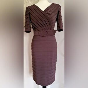 Adrianna Papell Belt Chocolate Brown Sheath Dress V-Neck Midi Sz 8 Tiered Formal